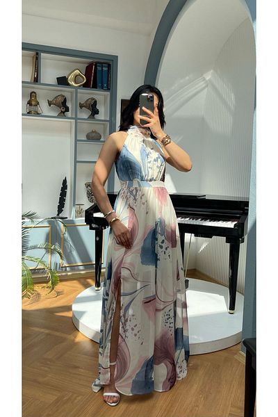 NIDAFASHION Halter Neck Slit Lined Patterned Chiffon Dress