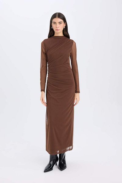 DeFacto Bodycon Body Hugging Poloviční rolák tyl s dlouhým rukávem Maxi šaty E3548Ax24Wn