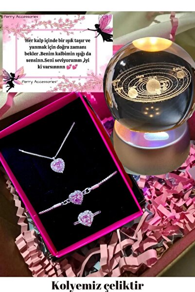 Perry Accesories 3d  satürn gezegen küre ve çelik pembe kalp kolye bileklik yüzük seti hediyelik set
