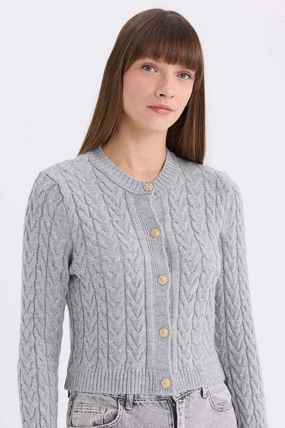 DeFacto Regular Fit Crew Neck Hair Braided Buttoned Cardigan C9044Ax25Sp