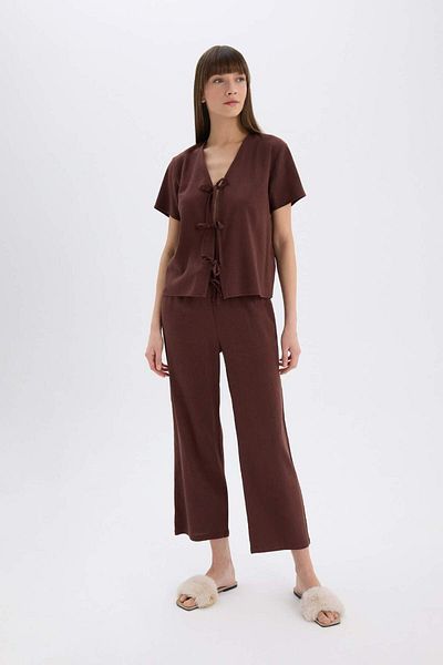 DeFacto Pajama Set Linen Short Sleeve Pajama Top Stretchy Waisted Pajama Bottom-Fall in Love E3571Ax25Sp