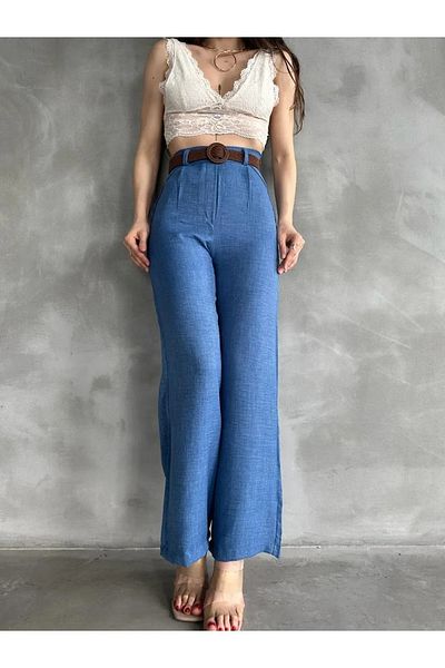 PREJEW Belted Linen Trousers Blue Color