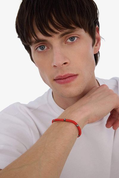 DeFacto Men's Bracelet - Braided Rope, Steel Piece Silver and Red Snake Model E6123Axns