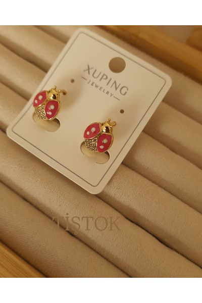 Tişt Accessory Xuping Gold Colorful Girl's Zircon Stone Ladybug Steel Earrings (Gift Birthday(