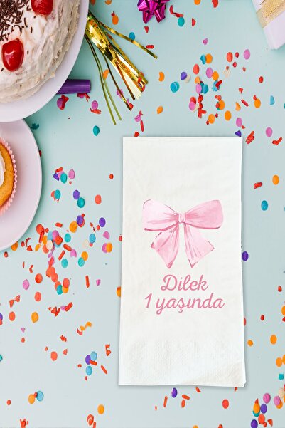 Atölye Mi Pembe Fiyonk Kurdele Baskılı Peçete İsme Özel Doğum Günü Peçetesi 2...