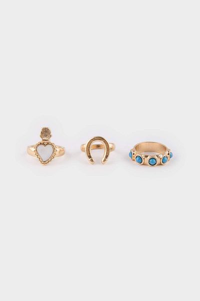 DeFacto Women's Blue Stone 3-Piece Gold Ring E4532Axns