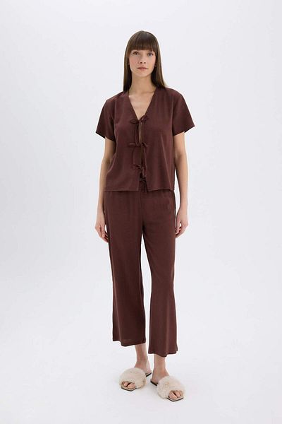 DeFacto Pajama Set Linen Short Sleeve Pajama Top Stretchy Waisted Pajama Bottom-Fall in Love E3571Ax25Sp