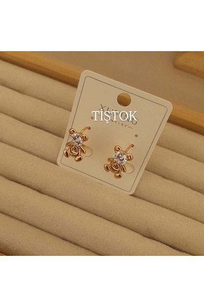 Tişt Accessory Girl's Teddy Bear Zircon Stone Gold Colored (Small Size) Steel Earrings Birthday Pregnancy