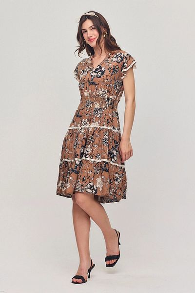 bacc Women's Summer Viscon Dress - Biscuit V Neck Ribbed Flower Pattern Cvl-25V054