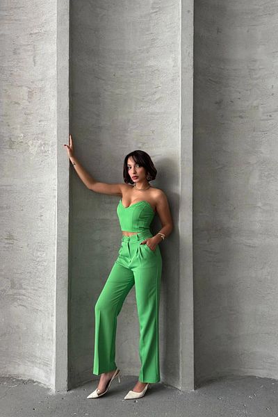 bacc Women's Green Crop Blouse and Pocket Trousers Woven Bottom Top Set Bchn- 2525212