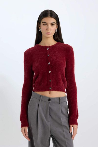DeFacto Regular Fit Crew Neck Buttoned Knitwear Claret Red Cardigan E2428Ax24Wn