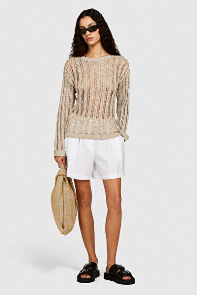 Sisley Γυναικείο λευκό σορτς 100% λινό μπροστινό διπλό πλισέ σορτς - 324p4aghl9013