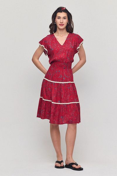 bacc Haunted Floral Patterned Fuchsia V-Neck Dress Viscon Yaliçka Bcvl-25V054