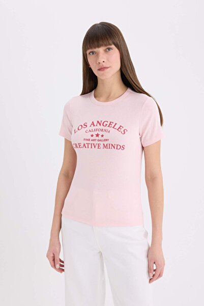 DeFacto Μπλουζάκι με κοντό μανίκι με ριμπ εμπριμέ με λαιμόκοψη κανονικής εφαρμογής E6655ax25sp