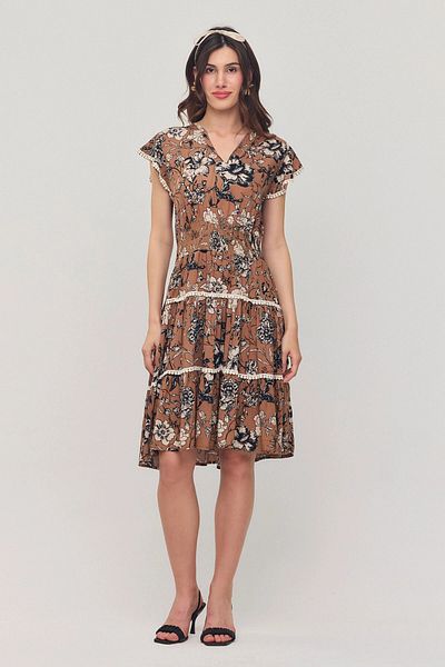 bacc Women's Summer Viscon Dress - Biscuit V Neck Ribbed Flower Pattern Cvl-25V054
