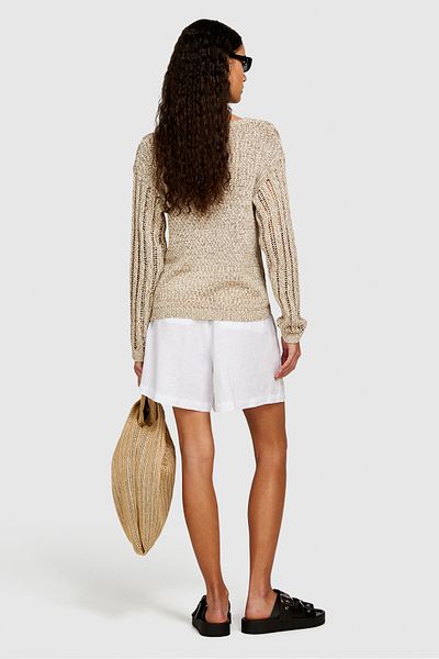 Sisley 100% Linen Front Double Pleated Shorts Women's White Shorts - 324P4Aghl9013
