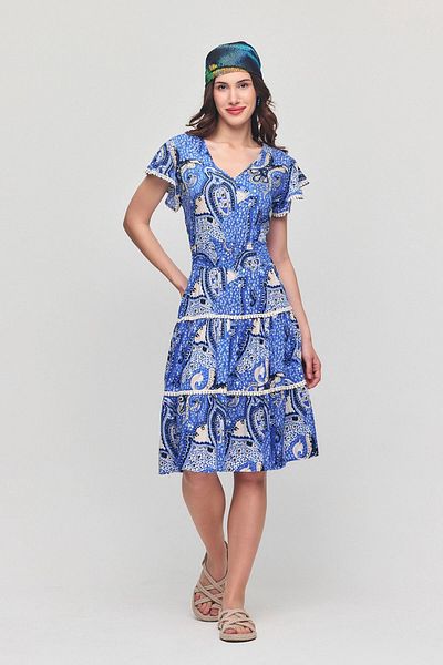bacc Rochie de vară Viscon, albastră, cu decolteu în V, cu nervuri, cu modele florale Bcvl-25v054