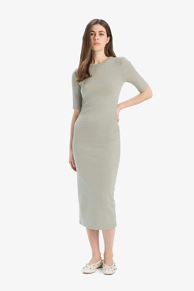 DeFacto Bodycon Body Hugging Crew Neck Rib Short Sleeve Midi Dress E6003Ax25Sp