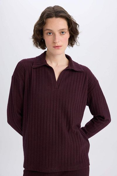 DeFacto Basic Polo Neck Relax Fit T-Shirt - Ribbed Camisole, Long Sleeve B2404Ax25Sp
