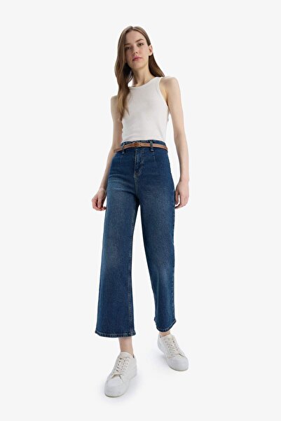DeFacto Culotte Yüksek Bel Kısa Geniş Paça Kemerli Jean Yıkamalı Pantolon D4325ax25sp
