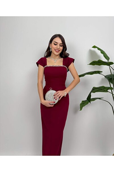 Glysso Özel Tasarım Taş Detaylı Madonna Yaka Bordo Davet Elbisesi