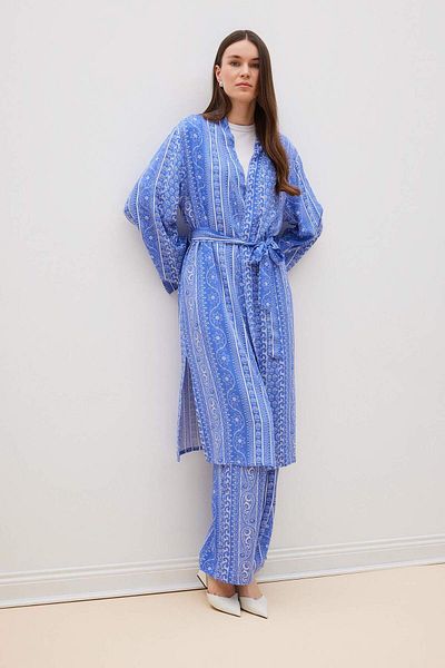 DeFacto Relax Fit V-Neck Ethnic Patterned Belted Long Kimono E8366Ax25Sp
