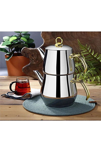 BUTİK1AVM Aletta Large Size Steel Teapot Gold Handle Family (1.6L, 2.5L) Self Strainer