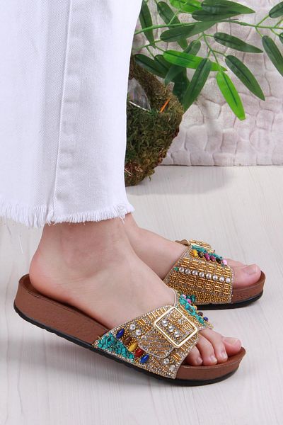 fort Pienn 20050 Anatomical Comfortable Stone Beaded Single Buckle Women's Slippers