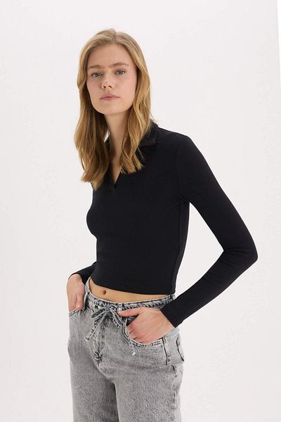 DeFacto Fitted Polo Neck Basic Plain Modal Long Sleeve Black T-Shirt E7938Ax25Sp