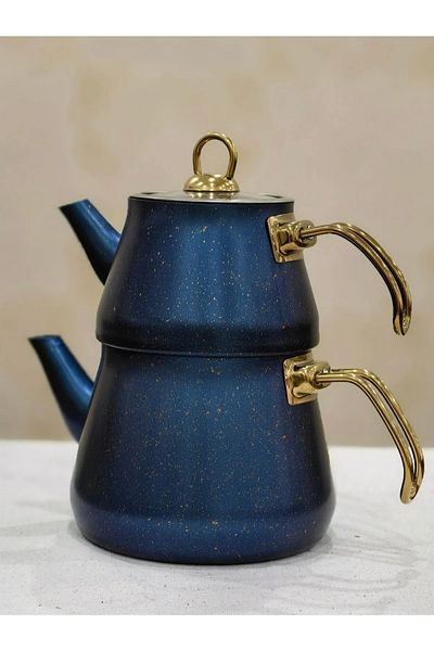 BUTİK1AVM Granite Finish - Gold Handle Glass Lid, Blue Teapot