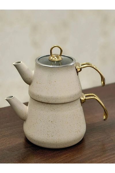 BUTİK1AVM Gold Colored Granite Plated - Teapot Cream Glass Lid