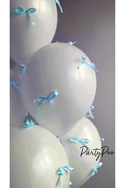 PartyPoo مجموعة بالونات بيضاء مع شريط فيونكة زرقاء مكونة من 10 قطع لحفلات أعياد الميلاد