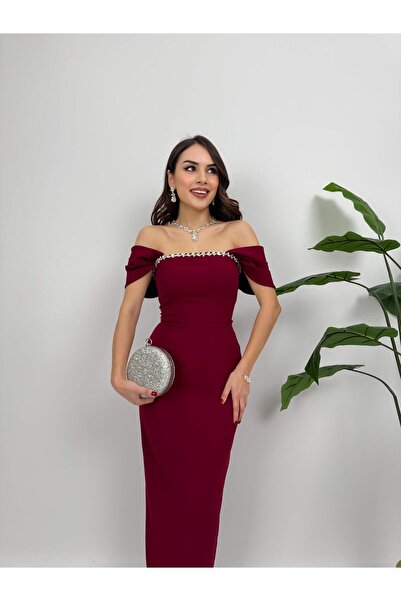 Glysso Özel Tasarım Taş Detaylı Madonna Yaka Bordo Davet Elbisesi