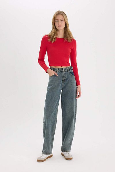 DeFacto Coool Fitted Basic Solid Rib Long Sleeve Red T-Shirt E7797Ax25Sp