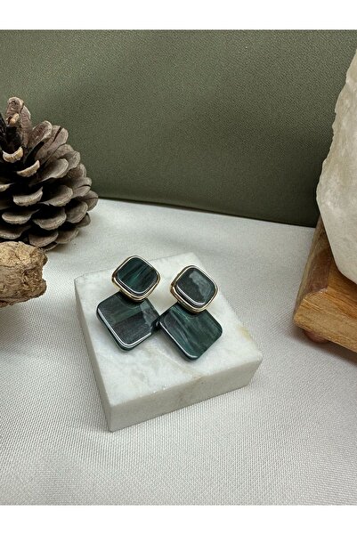 Tudivanyu Aksesuar Green Stone Patterned Dangle Earrings