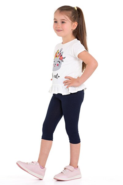 zepkids Crew Neck Cat Printed Ecru Color Girls' Tights Set