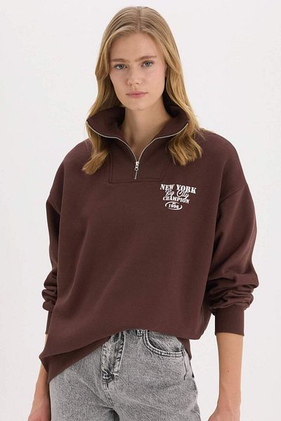DeFacto Übergroßes, bedrucktes, dickes Sweatshirt – Reißverschluss, Stehkragen E9281AX25SP