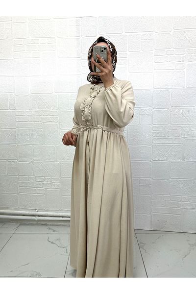 Zeynep Butik Ayrobin Fabric Front Buttoned Stone and Ruffle Detailed Hijab Dress 1810