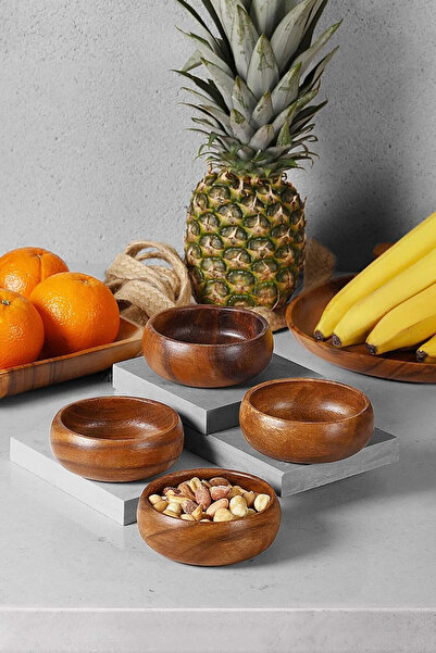 BUTİK1AVM وعاء للوجبات الخفيفة من أكاسيا دائري مكون من 4 قطع