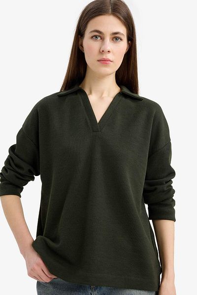 DeFacto Relax Fit Polo Neck Basic Solid Long Sleeve T-Shirt E8681Ax25Sp