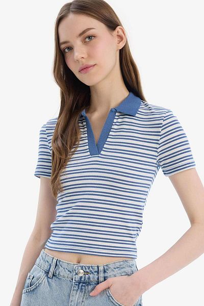 DeFacto Fitted Polo Neck Striped Ribbed Camisole Short Sleeve T-Shirt E7907Ax25Sm