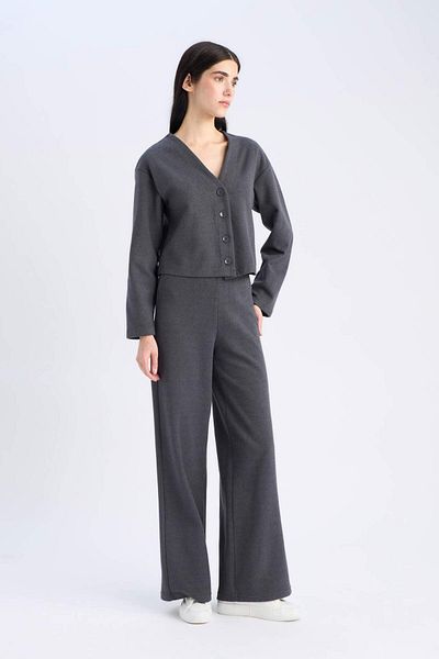 DeFacto 2-Piece Suit V-Neck Button Cardigan Stretchy Waisted Wide Leg Pants E9859Ax24Wn