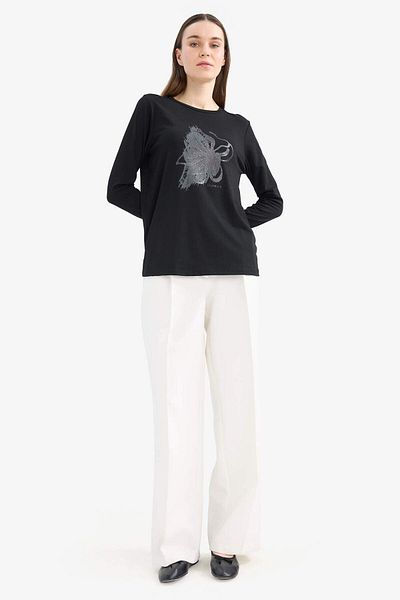 DeFacto Regular Fit Crew Neck Glitter Printed Long Sleeve T-Shirt E7123Ax25Sm