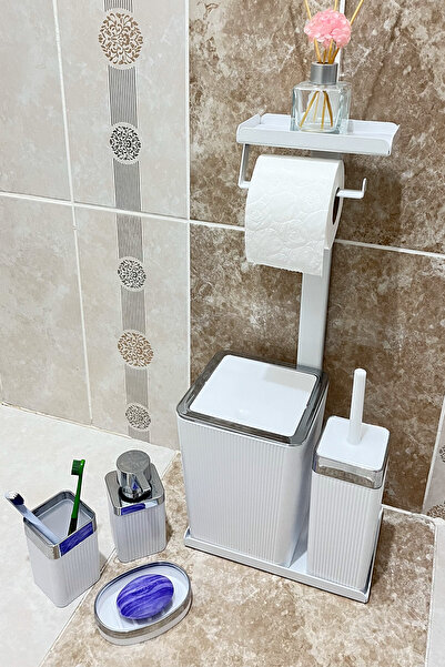 Egza 6 Parça Banyo Seti Çöp Kovası, WC Fırça, Tuvalet Kağıtlık, Diş Fırçalık,...