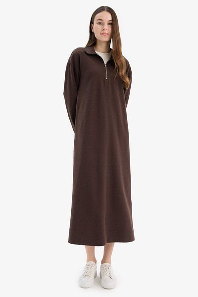 DeFacto Loose Fit Zippered Polo Neck - Thessaloniki Fabric Basic Plain Long Sleeve Midi Dress F1640Ax25Sp