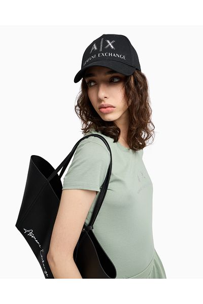 Armani Exchange Women's Shiny Stone Embroidered Breathable Cotton Outer Surface Adjustable Buckle Black Sports Hat Xw0