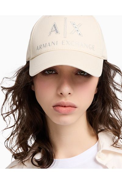 Armani Exchange Women's Shiny Stone Embroidered Breathable Cotton Outer Surface Adjustable Buckle Beige Sports Hat Xw000
