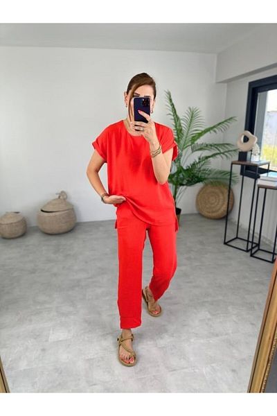Moka Shopin Mokashopin Women's Crew Neck Leg Tucked Aerobin Fabric Double Set
