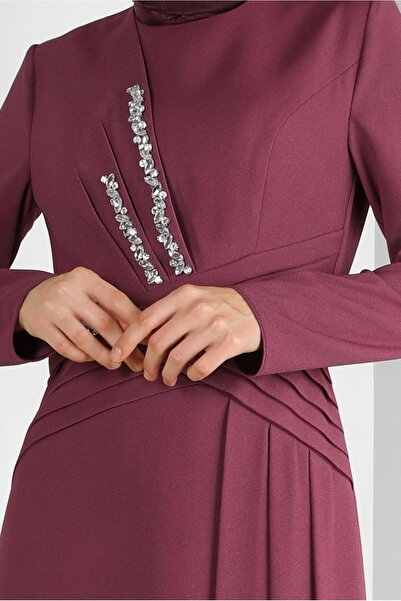 Alvina PİLİSE DETAYLI TAŞ BASKILI KREP ABİYE ELBİSE 50324