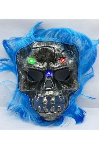 SAVA HOME COLLECTİON Blue Haired Led Lighted Skull Skeleton Horror Mask 22x25 cm